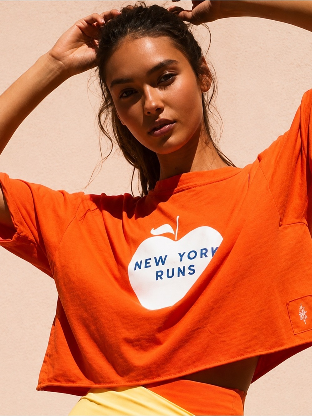 Free People FP Movement New York Runs Orange Oversized Cropped Graphic Tee L